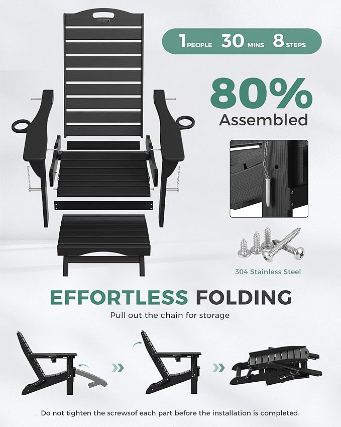 Folding Adirondack Chairs Set of 4,Adirondack Chair with Retractable Ottoman,Plastic Adirondack Chairs with 2 Cup Holder,Weather Resistant Patio Chair,Outdoor Chairs Set of 4(Black)