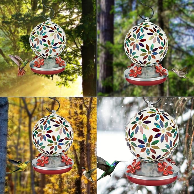 Backyard Expressions Glass Hummingbird Feeder - Multicolor - Hummingbird Feeders for Outdoors Hanging, Hand Blown Glass Hummingbird Feeder