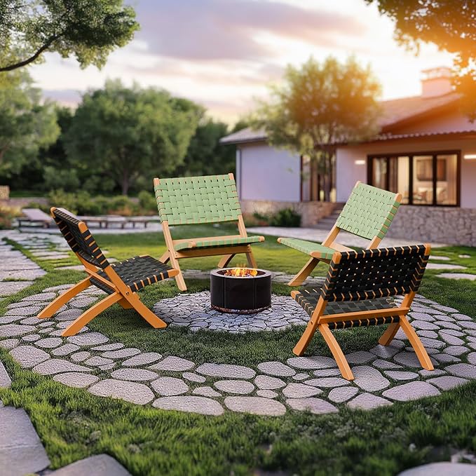 VINGLI Wooden Outdoor Chairs, Portable Rattan Folding Chair with Low Webbing Seat and Backrest, Adirondack Chairs, Ideal for Patio, Lawn, Garden, Fishing, Black, 1 Pack