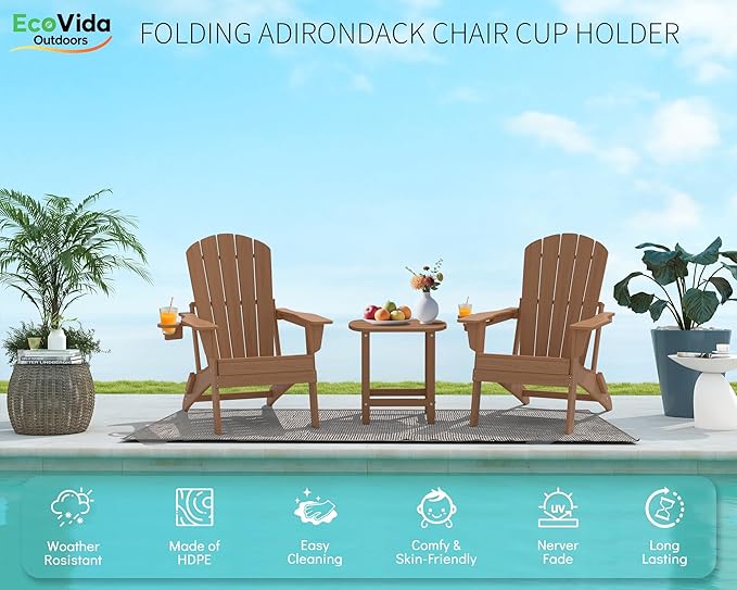 Upgraded Folding Adirondack Chair with All-Weather Cup Holder-EcoVida, Premium Wood Grain Texture, HDPE Waterproof, Suitable for Fire Pit, Patio, Porch, Cedar