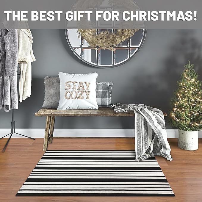 IOHOUZE Black and White Striped Rug 2'x3' Front Door Rugs, Small Washable Area Rug for Front Porch, Spring Summer Doormats Outdoor Indoor, Cotton Rugs for Entryway Porch Entrance