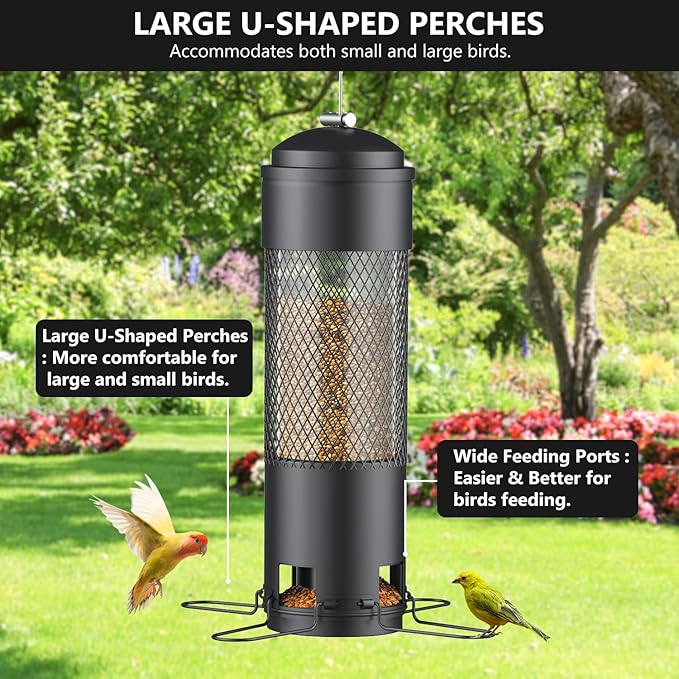 LCSEVEN Bird Feeders for Outdoors Squirrel Proof with Weight-Activated Perches, Hanging Bird Feeder for Outside, Metal Feeder for Wild Cardinal, Finch, Blue Jay, Chickadee, 3LB Seed Capacity, Black