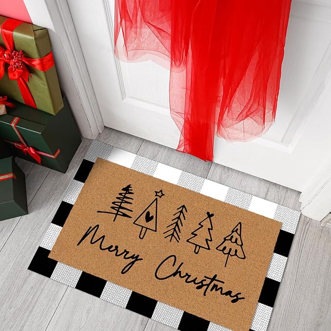Tinideya 2 Pcs Merry Christmas Door Mat Xmas Tree Welcome Non Slip Coir Mats Heart Xmas Black White Buffalo Plaid Floor Layering Doormats Seasonal for Front Porch Entryway Decor(Christmas)