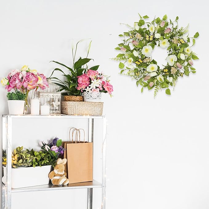 YNYLCHMX 18" Spring Summer Wreaths for Front Door, Artificial Floral Wreath with White Flower Eucalyptus Leaves Butterfly, Green Foliage Wreath for Wall Window Farmhouse Party Holiday Home Decor