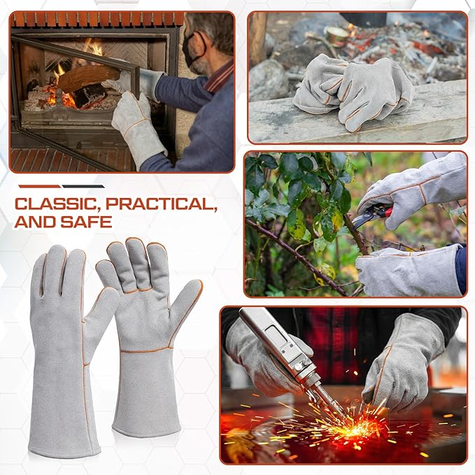 2 Pairs 14” Leather Fireplace Gloves for Men Women Long Heat Resistant Fireplace Hearth Gloves Wrist Protection Fireproof Stitching Grill Glove for Fire, Stove, Oven, BBQ, Grilling, Welding