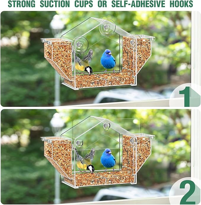 Upgraded Window Bird Feeder with Dual Side Hoppers – High Capacity Outside Birdfeeder for Window – Strong Suction Cups & Adhesive Options, Close-up Viewing for Indoor Cats & Seniors, Ideal Nature Gift