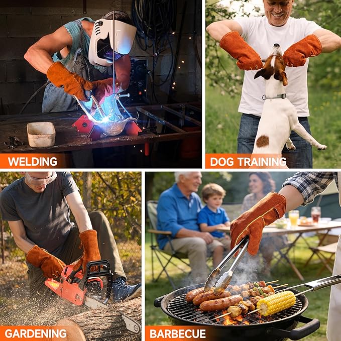 OZERO Welding Gloves for Men, 14-Inch Cowhide Leather Heat Resistant Work Gloves, EN388 EN407 EN12477 Type A Certified, Reinforced Palm, Insulated Lining, Long Cuff for BBQ Grill Oven, Brown