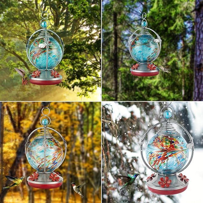Backyard Expressions Glass Hummingbird Feeder - Blue - Hummingbird Feeders for Outdoors Hanging, Hand Blown Glass Hummingbird Feeder with Spiral Pattern