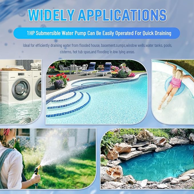 1 HP Submersible Water Pump 3500 GPH Portable Small Sump Pump For Pool Cover, Basements, Puddles, Gardens Ponds With 16.4 Ft Power Cord and Hose Adapters, Blue