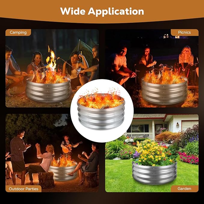 36 Inch Round Galvanized Fire Pit Ring, Silver Round Galvanized Fire Ring, 3 Feet Diameter Fire Pit, Outdoor Pits for Backyard, Camping, Bonfire
