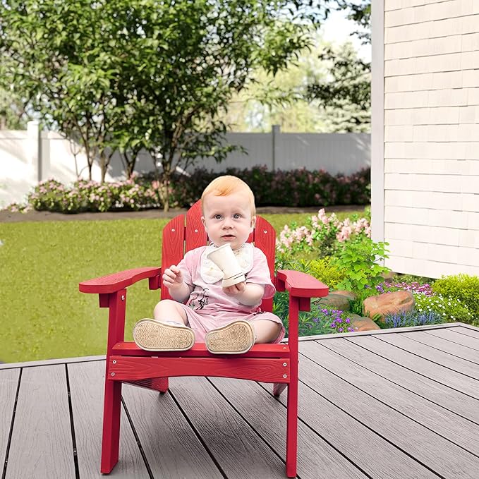 LUE BONA Kids Adirondack Chair Set of 4, Red Poly Lumber Plastic Weather Resistant Kids Outdoor Patio Lounge Chair for Balcony, Backyard