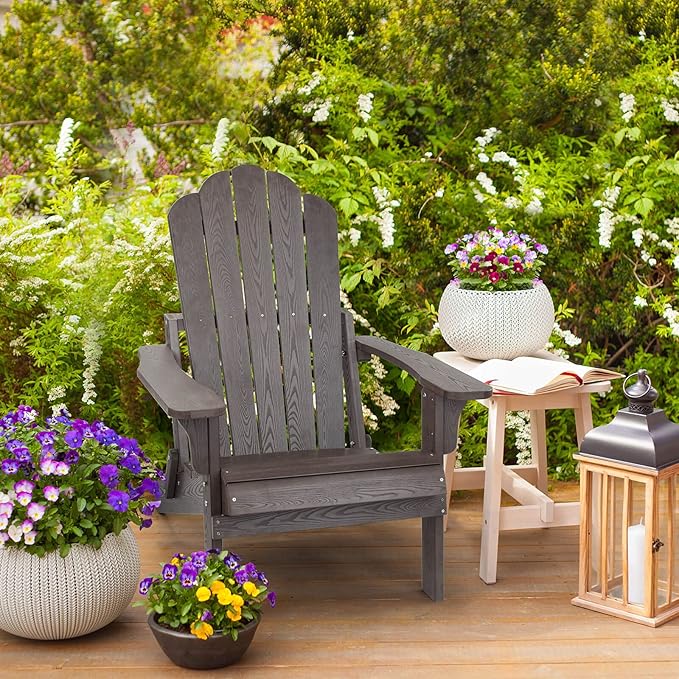 hOmeHua Folding Adirondack Chair Weather Resistant, Hard Plastic Imitation Wood Stripes Adirondack Chair, Easy to Fold Move & Maintain, Outdoor Chair for Patio, Backyard Deck, Fire Pit - Dark Brown
