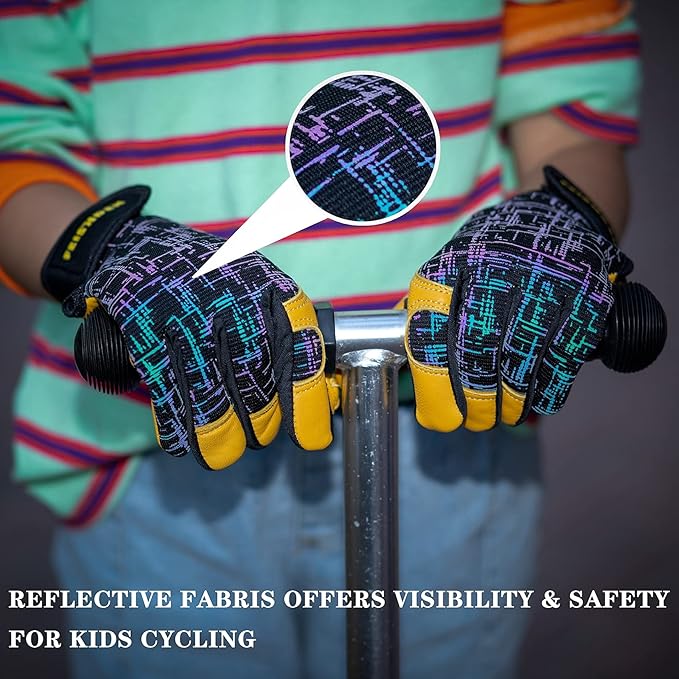 Kids Genuine Leather Work Gloves, Safety Gloves, Touch Screen, Reflective, Breathable Design, for Children Age 2-12