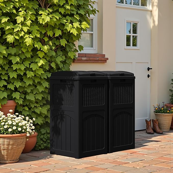 Greesum 33 Gallon Outdoor Trash Can with Lid, Waterproof Resin Garbage Bin for Hideaway, Deck, Patio, 2 Pack, Black