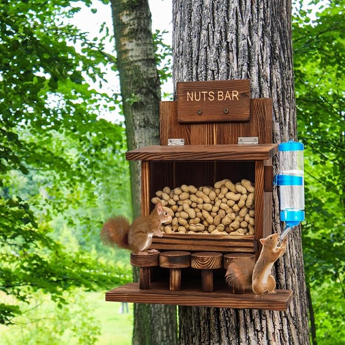 Squirrel Feeders for Outside Tree Wooden Squirrel Picnic Table Feeder for Corn Peanut Hanging Chipmunk House The Nut Bar with Squirrel Water Feeder