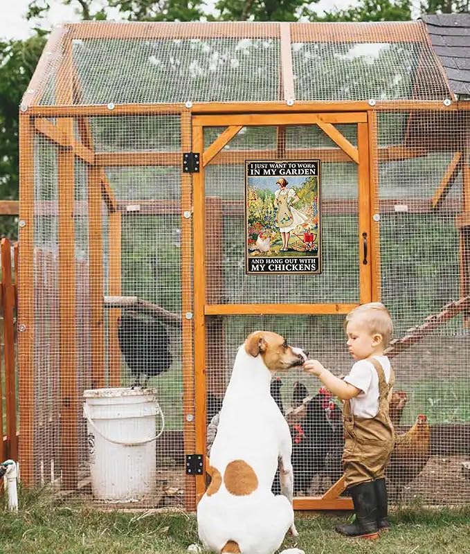 Rustic Garden Sign - "I Just Want to Work in My Garden and Hang Out with My Chickens" Decorative Metal Sign, Perfect Chicken Coop Sign and Gift for Chicken Enthusiasts๏ผ8" x 12" (276)