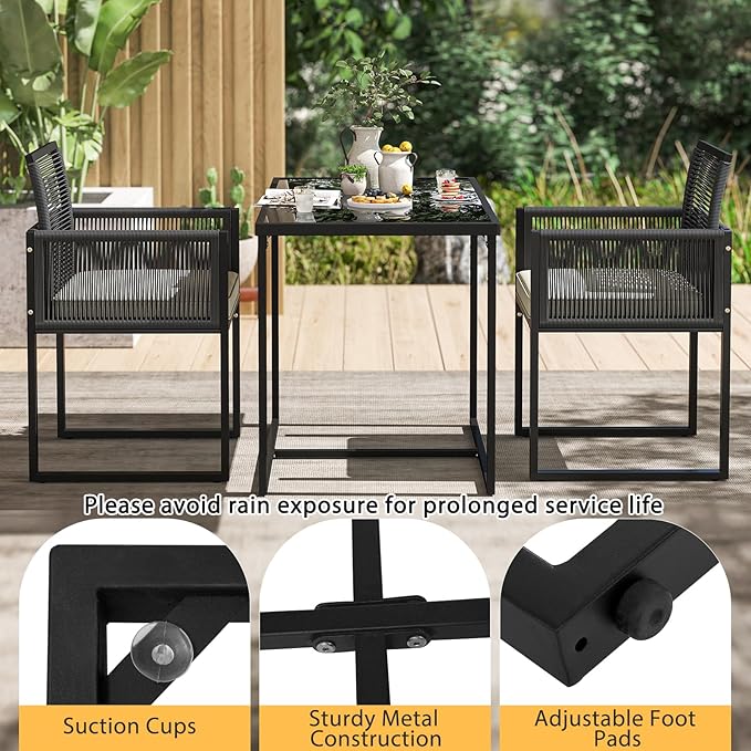 Tangkula 3 Pieces Patio Dining Set, Outdoor Space-Saving PE Wicker Bistro Set with Cushions, Patio Tempered Glass Top Table and Chairs Set for Porch, Garden and Backyard