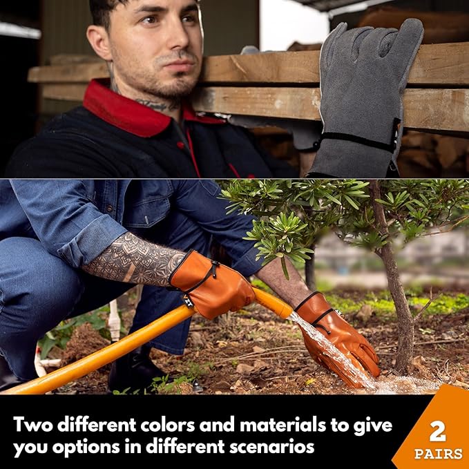 2 Pairs Leather Work Gloves for Men or Women, Non-fading Cowhide, for GardeningConstruction, Welding, Yardwork, driver
