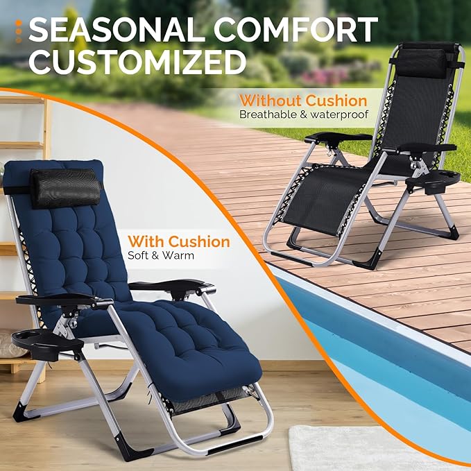 VINGLI Padded Zero Gravity Chair, Lounge Chair with Removable Cushion & Tray, Folding Reclining Patio Chairs, Recliner Chair for Lawn,Indoor and Outdoor-Blue
