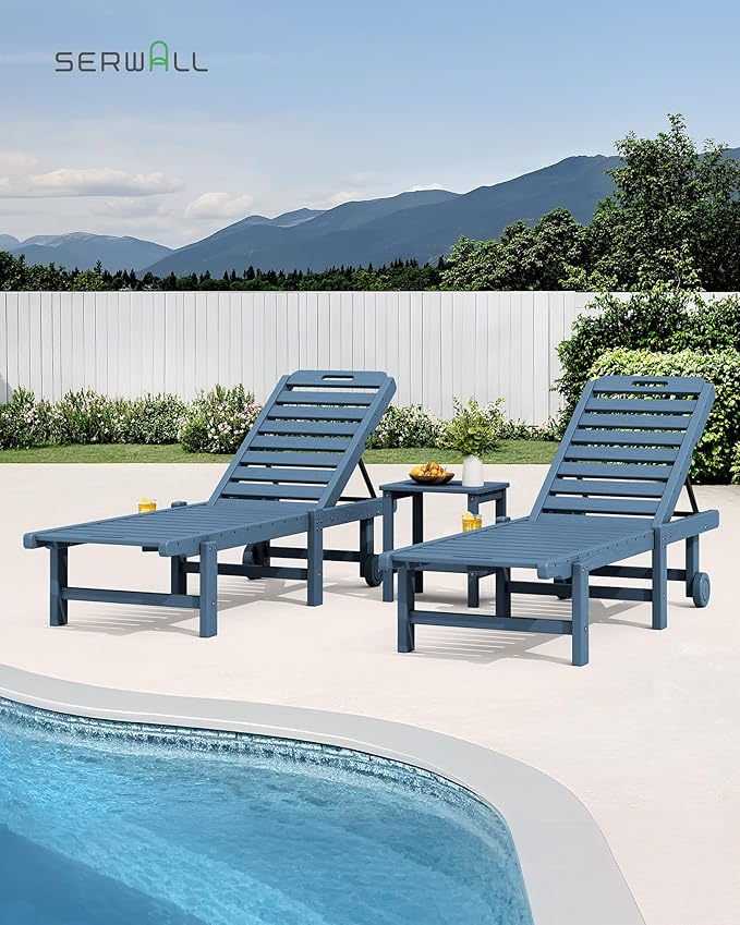 SERWALL Patio Chaise Lounge Chair Set of 4, HDPE Outdoor Lounge Chair with Cup Holder, 5 Positions Adjustable Poly Lounger with Rolling Wheels for Poolside, Deck, Sunbathing, Blue
