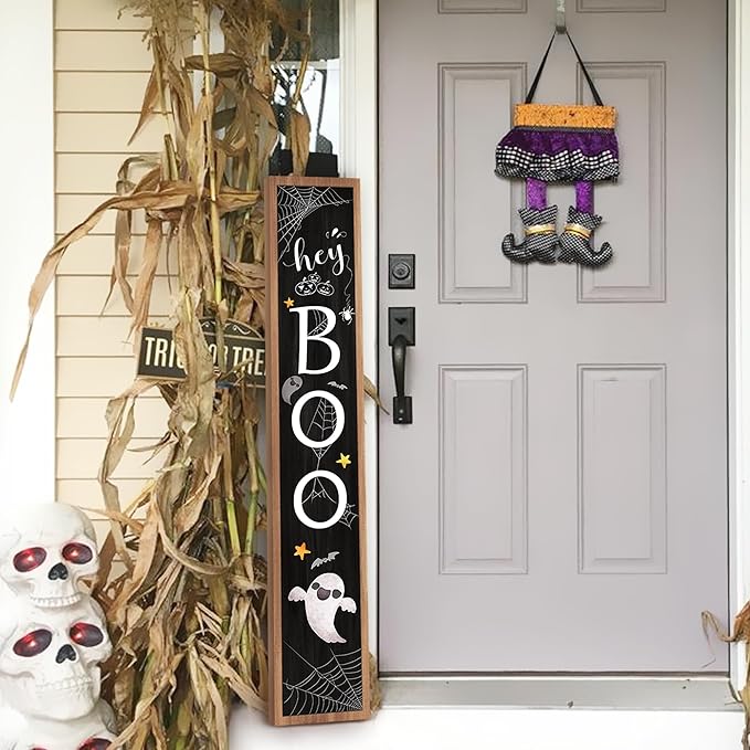 Halloween Welcome Sign for Front Porch Standing, BOO Wooden Porch Sign for Door Decorations, Farmhouse Hanging Wall Sign for Halloween Happy Outdoor Garden Decor 47.2"H - Black