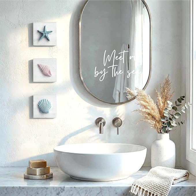 Tide and Tales 3D Beach Wall Art - Seashell with Starfish for Coastal Bathroom Decor, Ocean Inspired Decor for Bathroom, Coastal Bedroom, Living Room or Beach House, Set of 3 (6”x 6”)