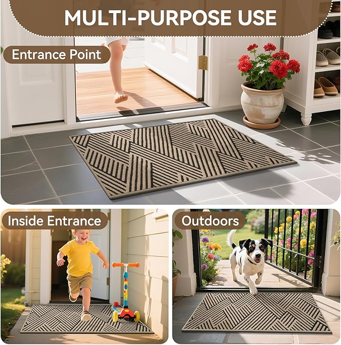 Door Mat Indoor Outside Entrance 24"x35", Low-Profile Non Slip Outdoor Inside Doormat Entryway Mat, Dirt Resistant Absorbent Front Porch Welcome Entry Mats, Washable Easy Clean, Brown