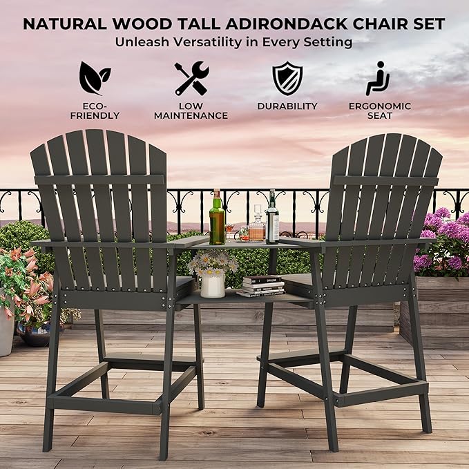 GarveeLife Outdoor Bar Height Adirondack Chairs with Connecting Tray, Balcony Chairs Adirondack for Deck, Backyard, Outdoor Tall Adirondack Chairs, Patio High Set of 4, Dark Grey