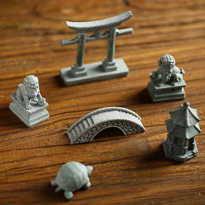 6 PCS Mini Zen Garden Accessories, Miniature Garden Bridge Foo Dogs Torii Gate Sandstone Figurines Meditation Zen Decor Japanese Fish Tank Terrarium Bonsai Decorations (Art Deco)