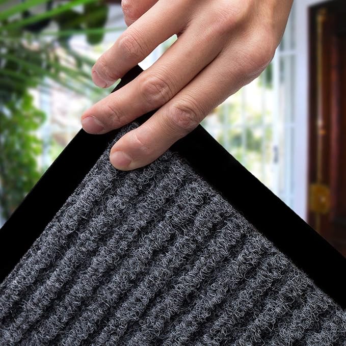 LuxUrux Striped Gray Door Mat - Heavy Duty, Indoor/Outdoor, Easy Clean, Waterproof, Low-Profile (24'' x 16'') - Ideal for Entry, Patio, Garage - Durable Solution for High Traffic Entrance Ways