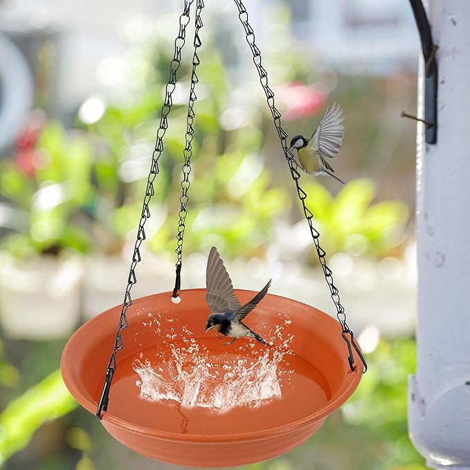 Hanging Bird Bath for Outside, Hanging Bird Water Feeder for Outdoor, Birdbath Bowl, Birdbaths for Outdoors Balcony Window Backyard Garden, Small Large Wild Birdfeeder Tray (12", Terracotta)