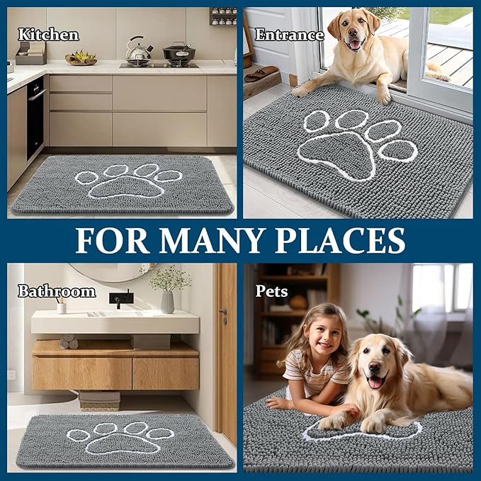 OLANLY Dog Door Mat for Muddy Paws 36x24, Paw Print Design, Absorbs Moisture and Dirt, Absorbent Non-Slip Washable Doormat, Quick Dry Chenille Mud Mat, Entry Indoor Entryway Carpet, Grey and White