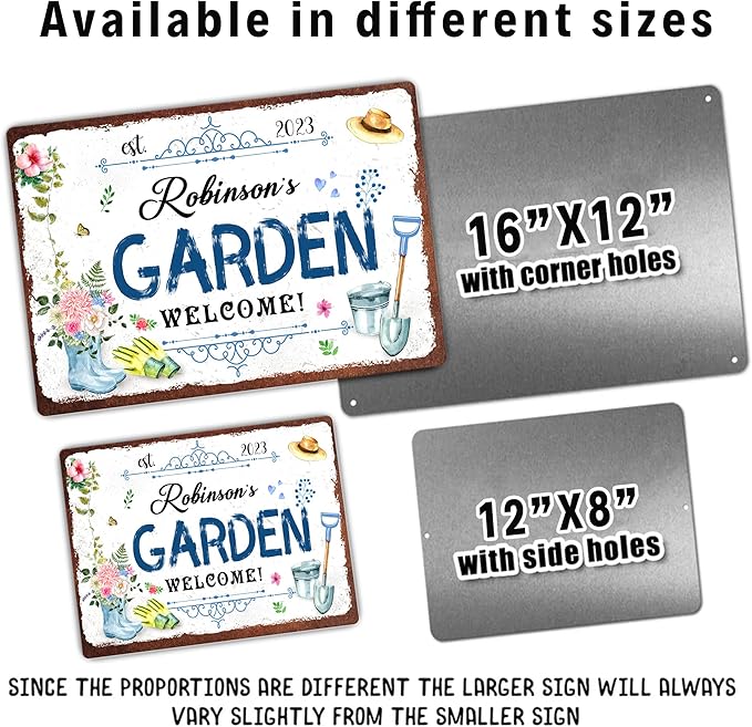 Custom Metal Signs with Name Made in USA Personalized Vintage Garden Sign Waterproof Vintage Decorative Metal Print for Wall Decor Customized Home Garden Ideas Gifts Artwork Prints for Yard Ourdoor