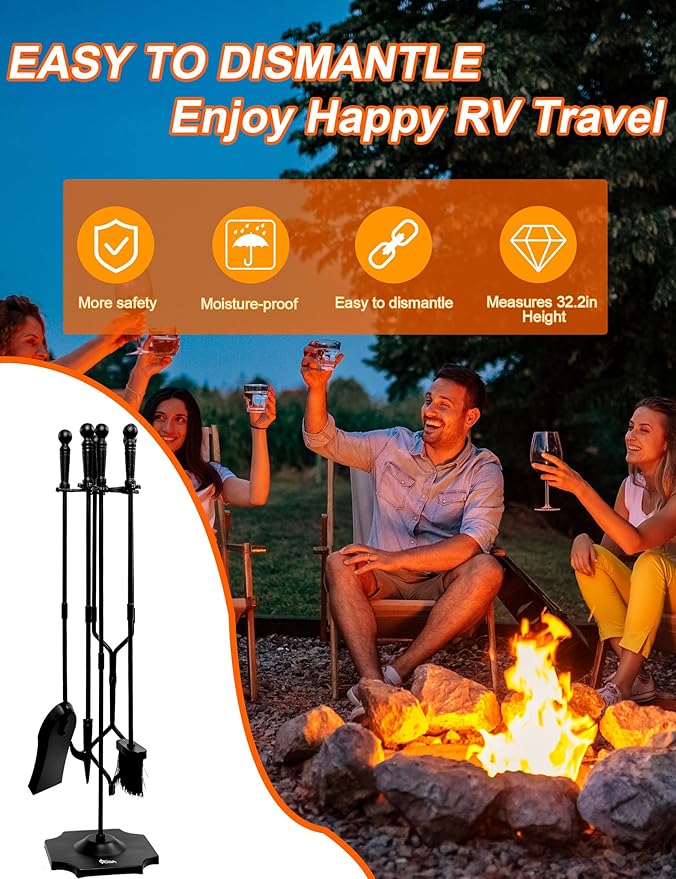 VODA Large 5 Pcs Fireplace Tools Set Black Fire Place Tools Indoor Outdoor Fire Place Poker Set with Stand, Including Fireplace Poker,Fireplace Tongs,Fireplace Shovel,Fireplace Brush and Sturdy Base