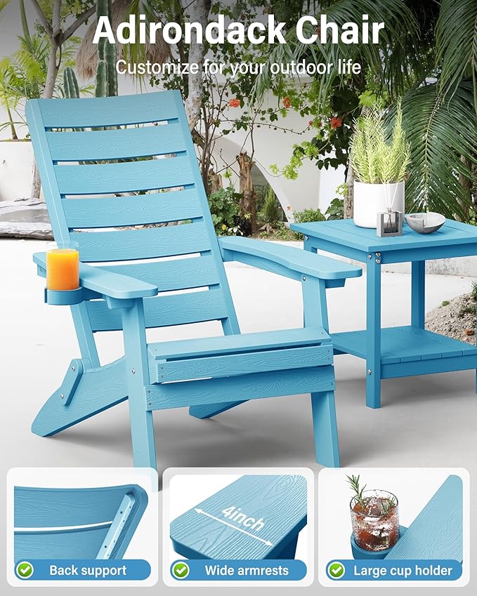 YEFU Adirondack Chair, Folding Adirondack Chairs Set of 4 with Arc Back & Cup Holder, Weather Resistant Plastic Oversized Chair for Outdoor Patio Lawn Garden Backyard Deck Fire Pit, Blue