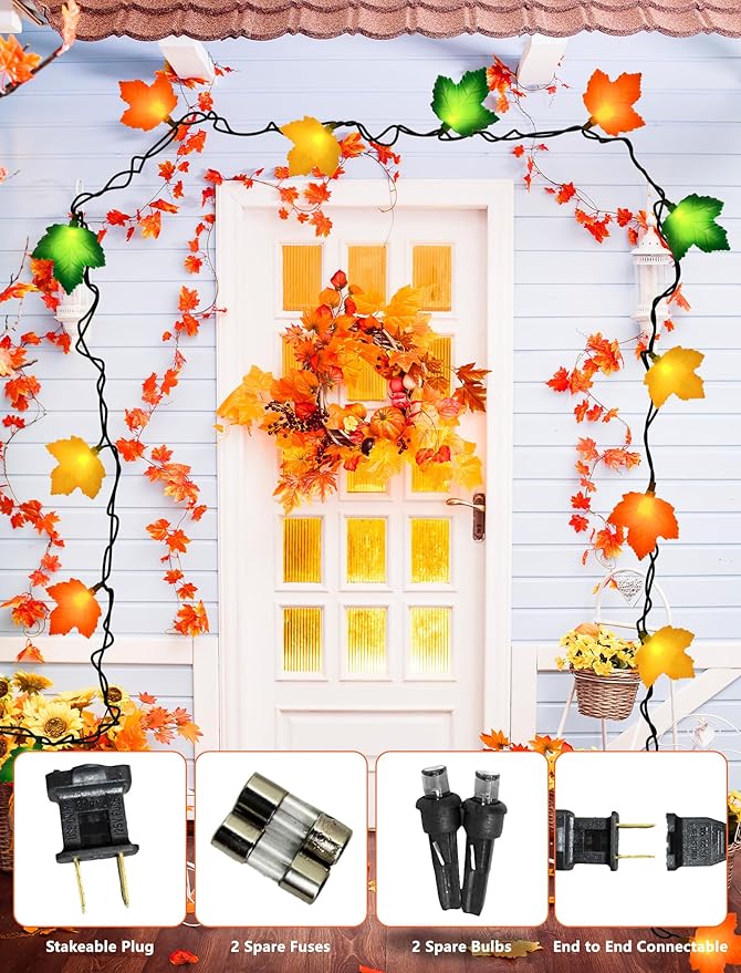 Fall Decorations Thanksgiving for Home, 8FT Halloween Decor Indoor Lights with 10 LED Maple Leaf, Connectable Novely Fairy String Lights Autumn Harvest Table Indoor Outdoor Decor Halloween Party Gifts