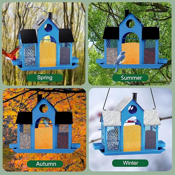 Solar Bird Feeder House for Outside Hanging, Large Capacity Birdhouse Bird Feeders Hanging for Outdoors, Metal Mesh Wild Birdfeeder for Finch Cardinal (Blue and Black)
