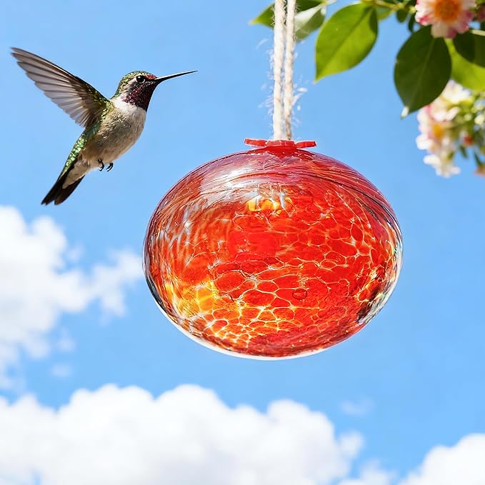 3inch Hand Blown Glass Hummingbird Feeder Colorful Hanging Glass Feeder with 2 Feeding Ports for Outside Garden Window Patio Decoration