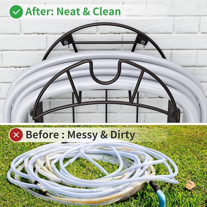 Hose Reel Garden Hose Holder,Water Hose Holder Wall Mount,Heavy Duty Metal Hose Hanger with Tool Storage Basket,Outdoor Hose Stands for Outside Garden Yard Garage