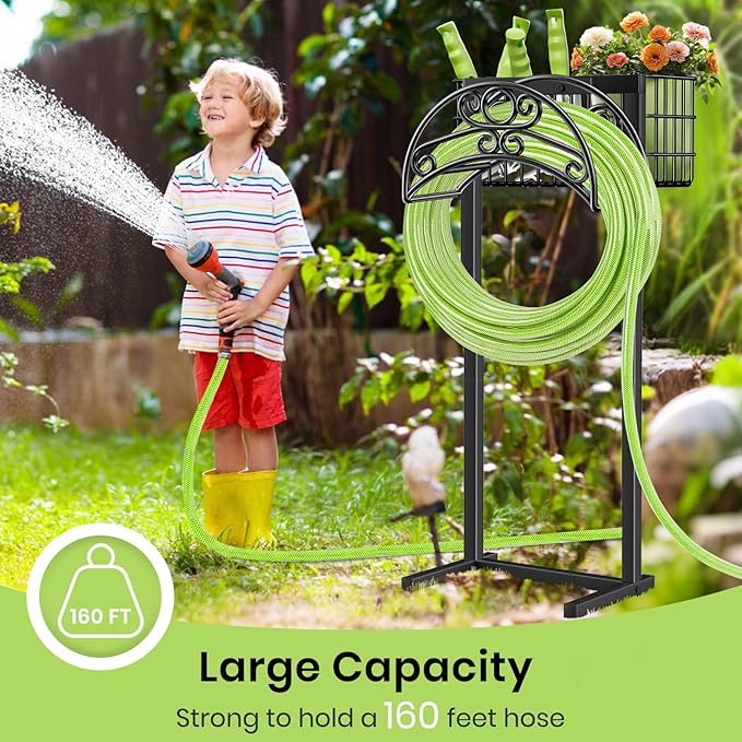 TomCare Garden Hose Holder with Large Storage Basket Heavy Duty Water Hose Holder Holds 160 Feet Hoses 4 Spikes Freestanding Hose Hanger Stable Hose Storage Organizer for Outside Yard