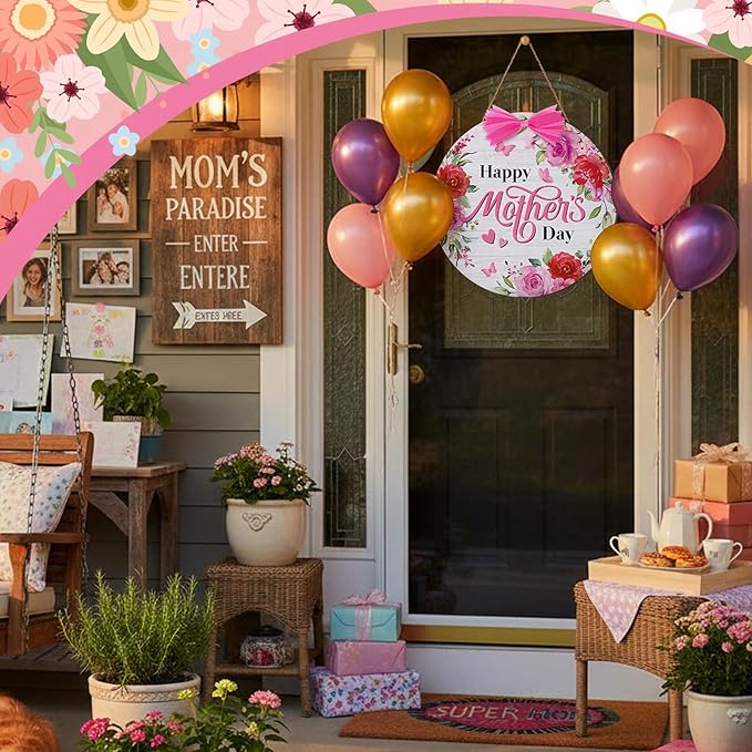 Boao Happy Mother's Day Wooden Door Hanging Sign Pink Welcome Farmhouse Door Decor Vintage Mother's Day Wood Rose Bow Gift Sign Rustic Wall Plaque Ornaments for Window Wall Porch