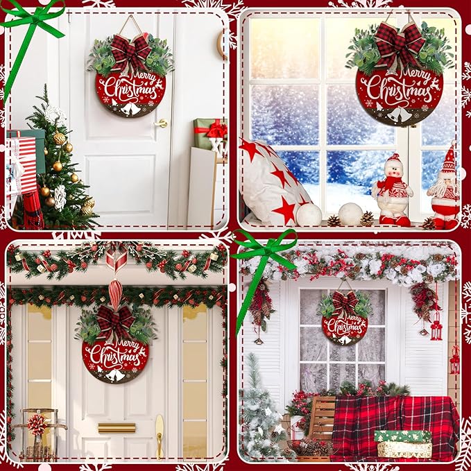 Boao Christmas Door Decorations Wooden Merry Christmas Welcome Front Door Sign Hanger with Red Buffalo Plaid Bow Xmas Wreaths for Outdoor Porch Farmhouse Decor