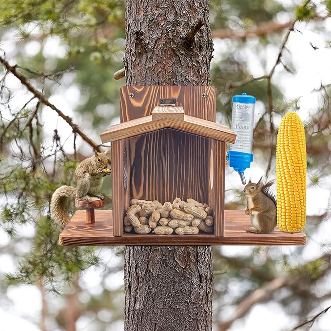 Squirrel Feeder for Outside, Squirrel Picnic Table Feeder for Corn Cob, Peanut and Nuts, Hanging Chipmunk House Box for Outdoors with Window and Squirrel Water Feeder