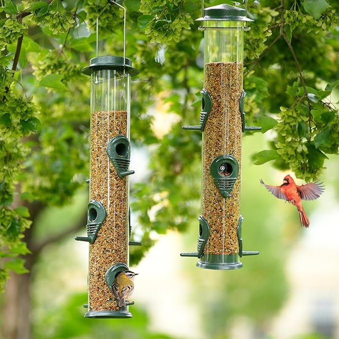 MIXXIDEA 2PK Metal Bird Feeders with 6 Feeding Ports,Tube Bird Feeder with Steel Hanger,Wild Bird Feeder for Outdoors Hanging, Attracting Birds in Your Lawn, Garden, Balcony (Green)