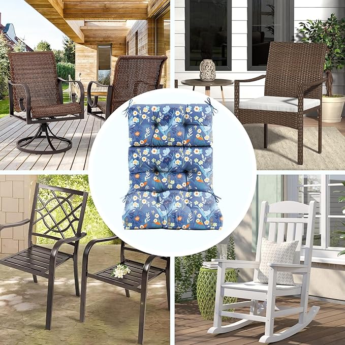 Outdoor/Indoor High Back Chair Cushion, Waterproof Outdoor Rocking Chair Cushion with Ties, Tufted Replacement Seat Cushions for Outdoor Furniture, Blue Floral