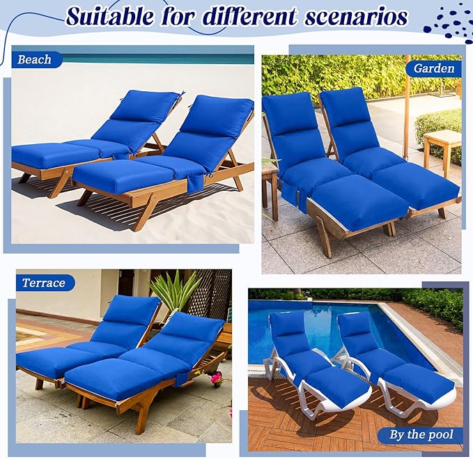 Kigley 2 Pcs Chaise Lounge Cushions, 77.9 x 20.5 x 4.7 Inch Outdoor Lounge Chair Cushions with Pocket, Thick Tufted Patio Recliner Replacement with Ties, Fade Resistant for Pool Furniture (Blue)