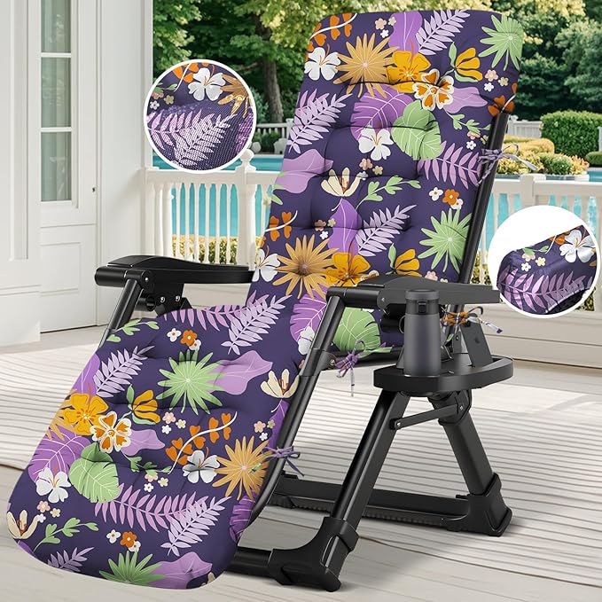 Outdoor Chaise Lounge Chair Cushion Waterproof 66 x 21 x 4 Inches Cotton Lounge Chair Cushions with Ties, Soft Thickened Lounge Chair Cushions for Indoor Outdoor Furniture (Purple Flower Leaf)