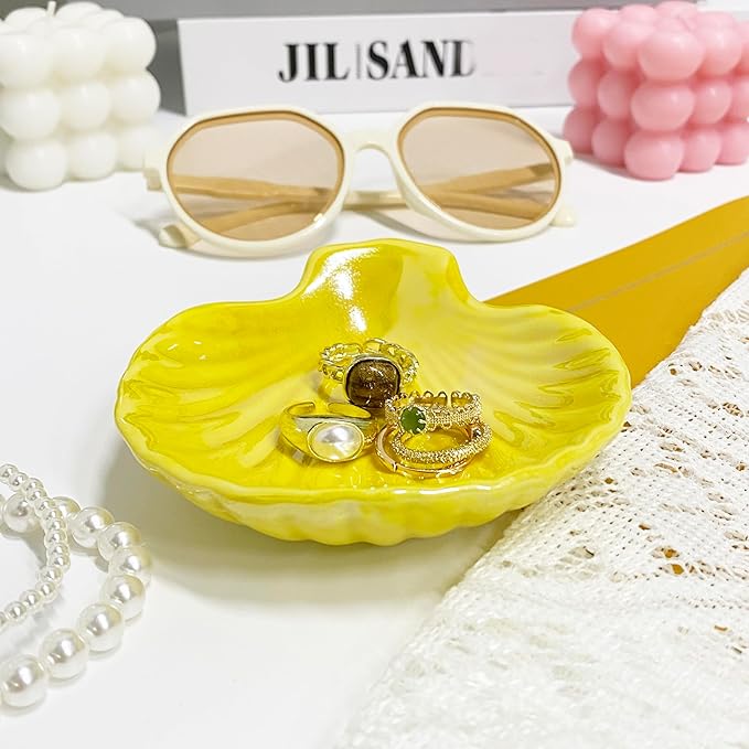 Shell Trinket Dish, Ceramic Jewelry Dish Tray, Cute Organizer Plate for Jewelry, Seashell Jewelry Ring Holder, Birthday Mother's Day Christmas Gift for Women, 3.9", Bright Yellow Iridescent Surface