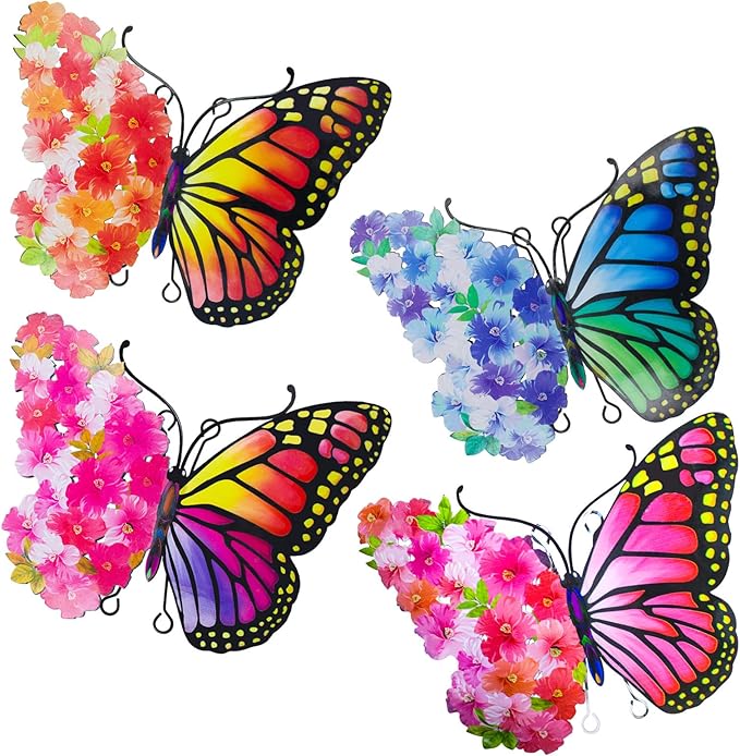 Metal Butterfly Wall Decor, 9.6" Outdoor Wall Decor Metal Yard Art, Flowers Wings Butterfly Outdoor Decor for Garden Patio Fence Outside Living Room Bedroom(4 Pack)