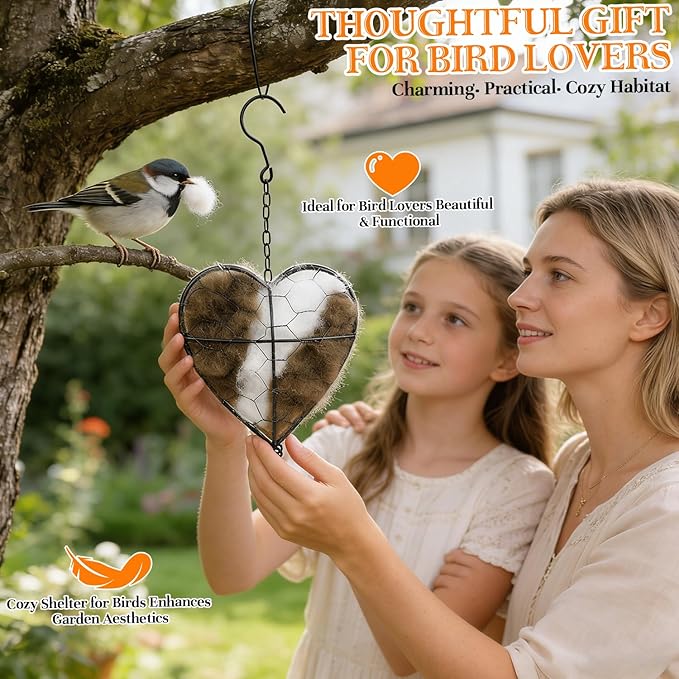 Handmade Alpaca Fiber Bird Nesting Heart, Birds Nests Material Holder, Hummingbird Houses Nest Boxes, Winter Tree Shelter for Wild Birds, Gifts for Outside Garden Art Birdhouse, Birds Lovers (1)